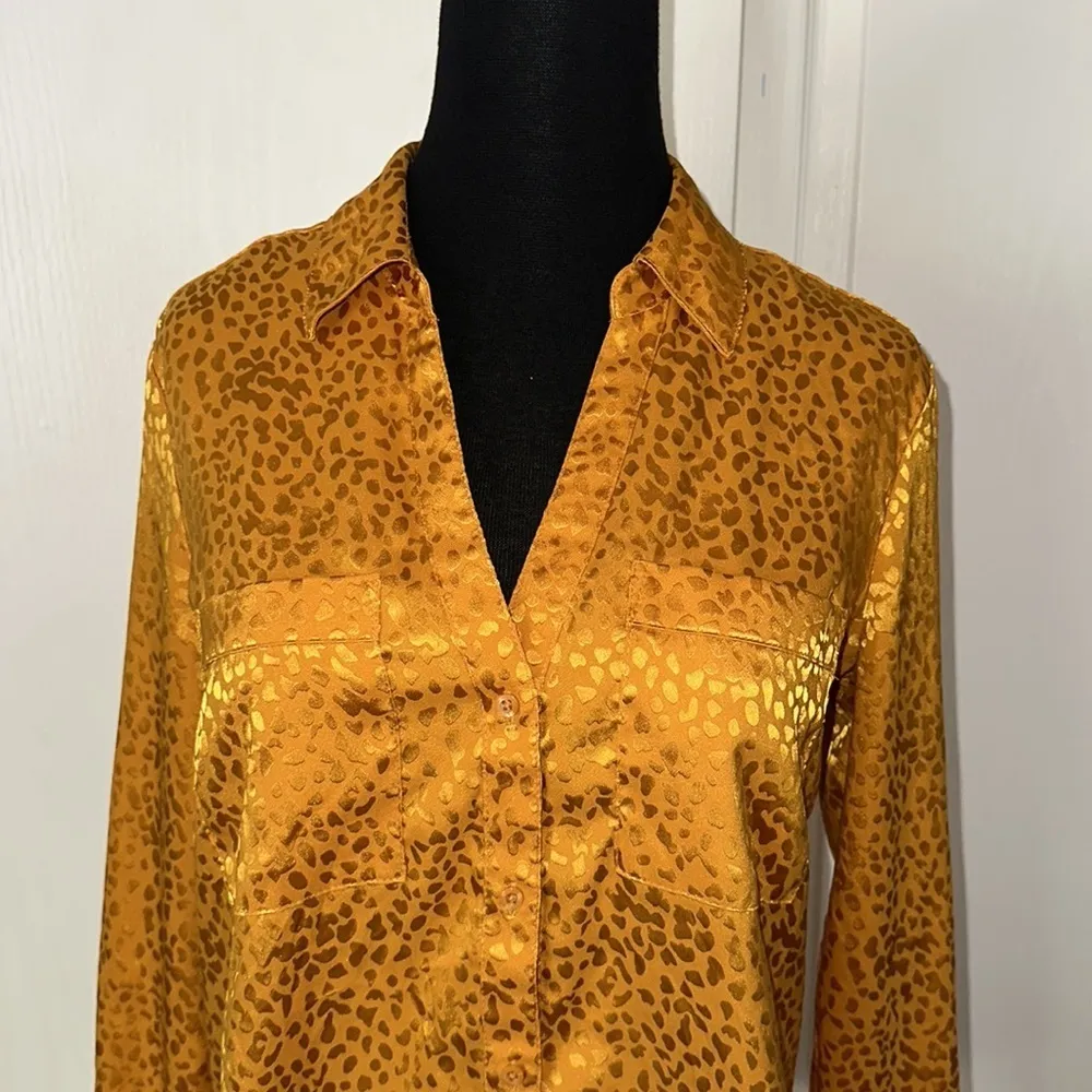 GOLDEN YELLOW ANIMAL PRINT BUTTON UP BUSINESS WORK BLOUSE LONG SLEEVE - Image 3