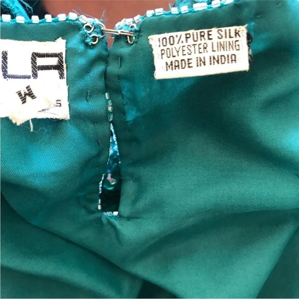 Scala Vintage Deadstock Green Sequin Silk Blouse Size Medium - Image 6