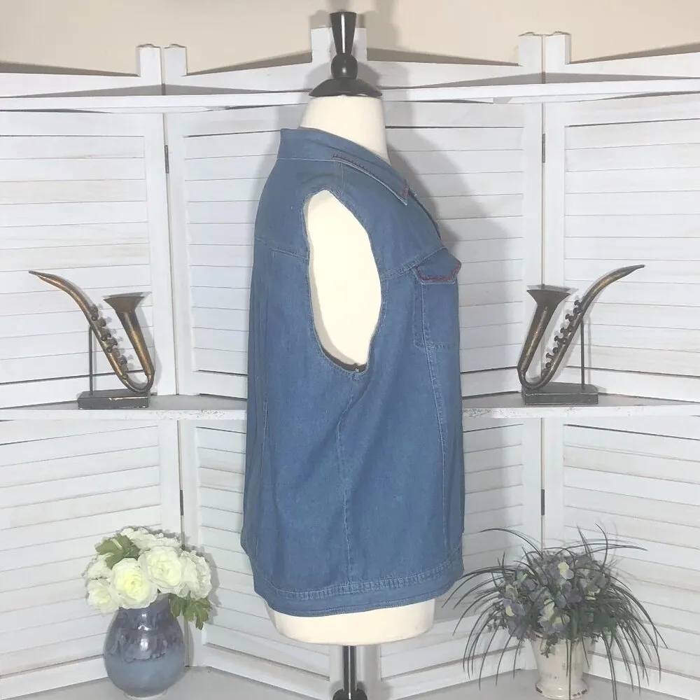 Vintage 90s Y2K jeans vest embroidered blue denim cotton floral cottagecore 2X - Image 3