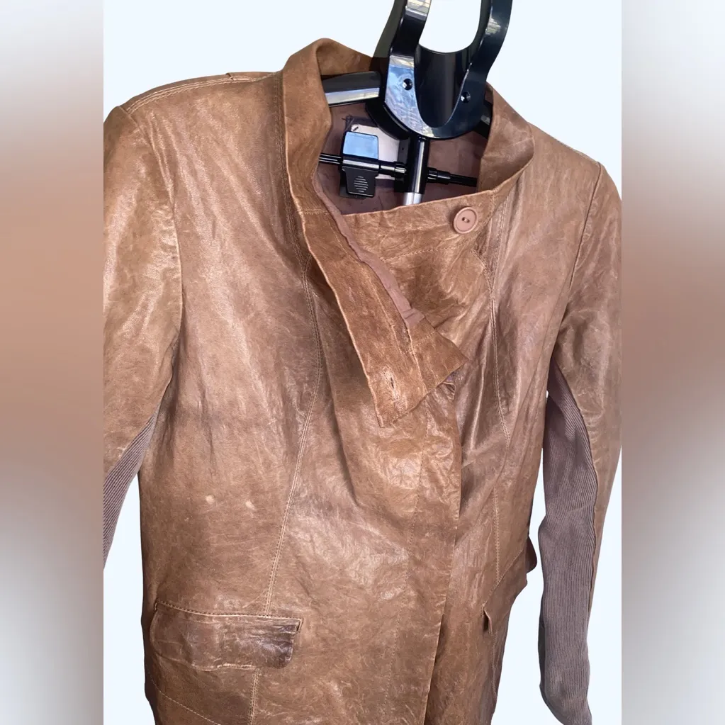 Q40 Asymmetrical Leather Textile Motto Jacket Brown Women Large, Cotton Lining - Image 4