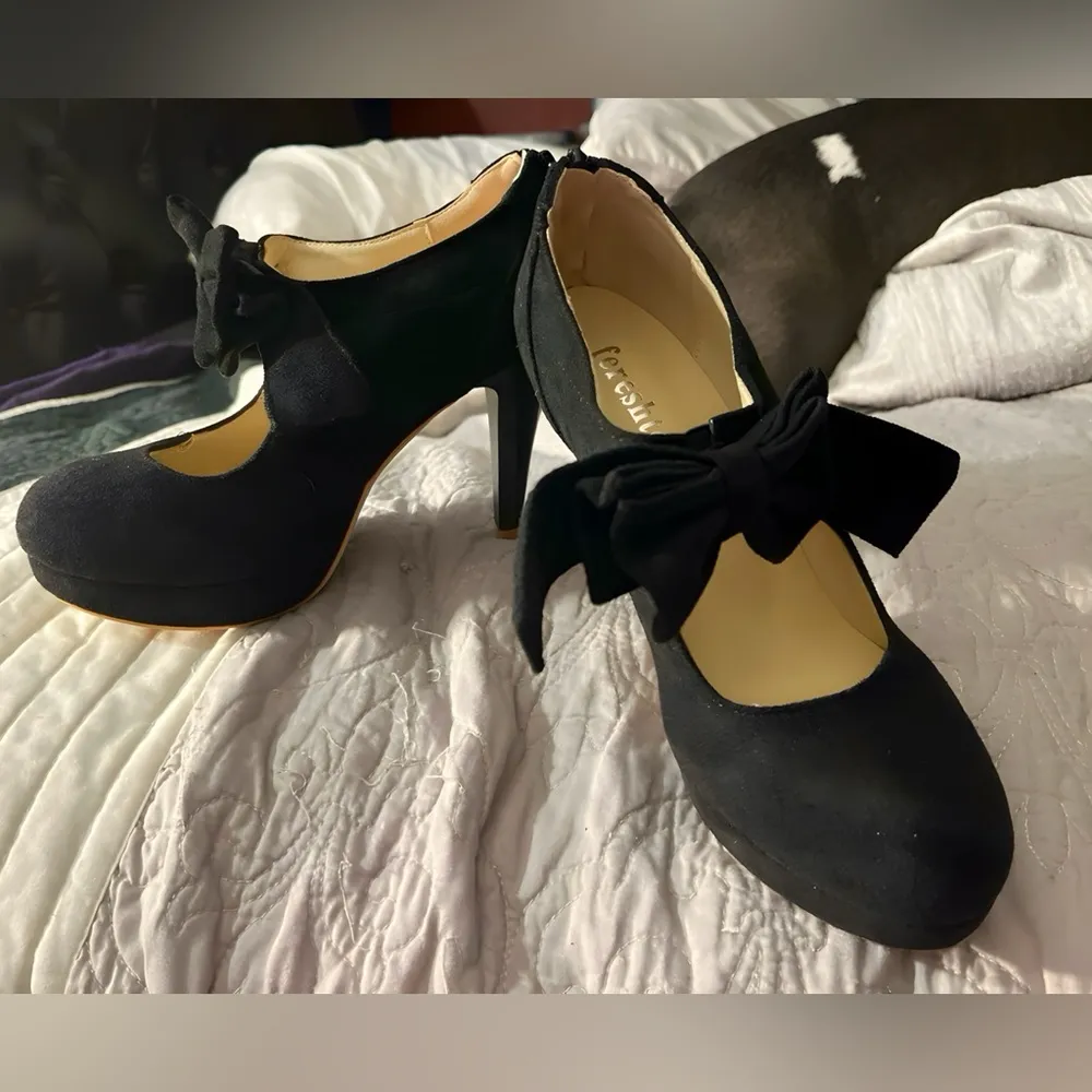Women's Black Bow Mary Jane High Heel Closed Toe Platform Dress Pumps Size undefined - Image 3