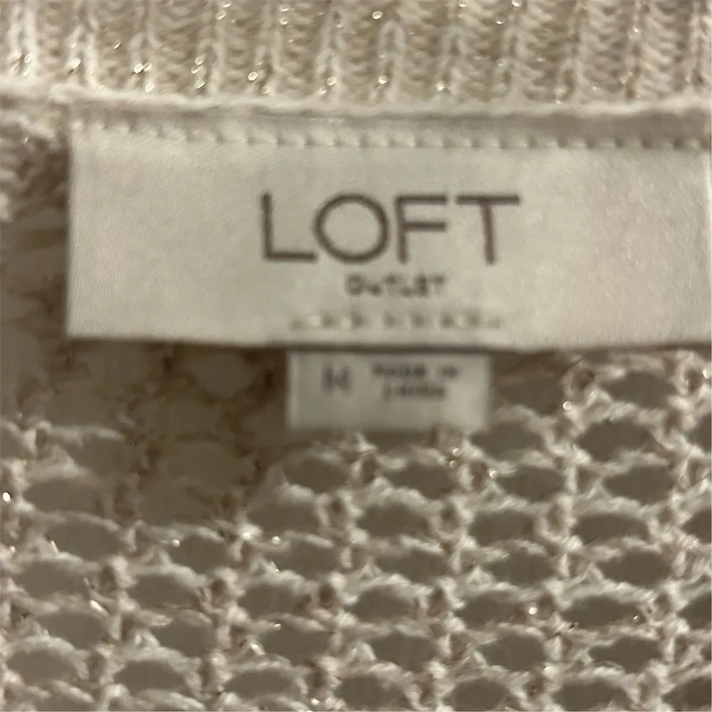 LOFT Women's Beige Gold Metalllic Open Stitch Cardigan Size M Long Sleeve - Image 4