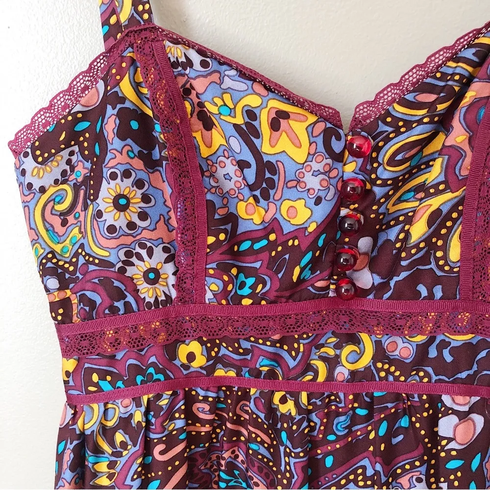 Betsey Johnson • vintage silk dress paisley midi retro 70s colorful lace peasant - Image 5