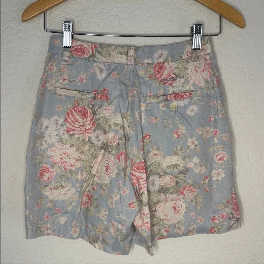 Vintage 90s Ralph Lauren Linen Pleated Shorts Cottage Blue Floral Preppy Size 2P - Image 7