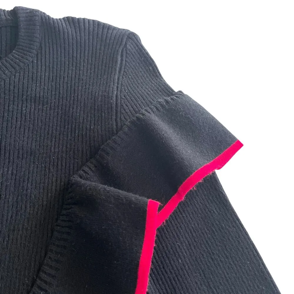Loredana Black Ribbed Knit Red Trim Asymmetric Ruffle Crewneck Sweater Size M Size M - Image 4