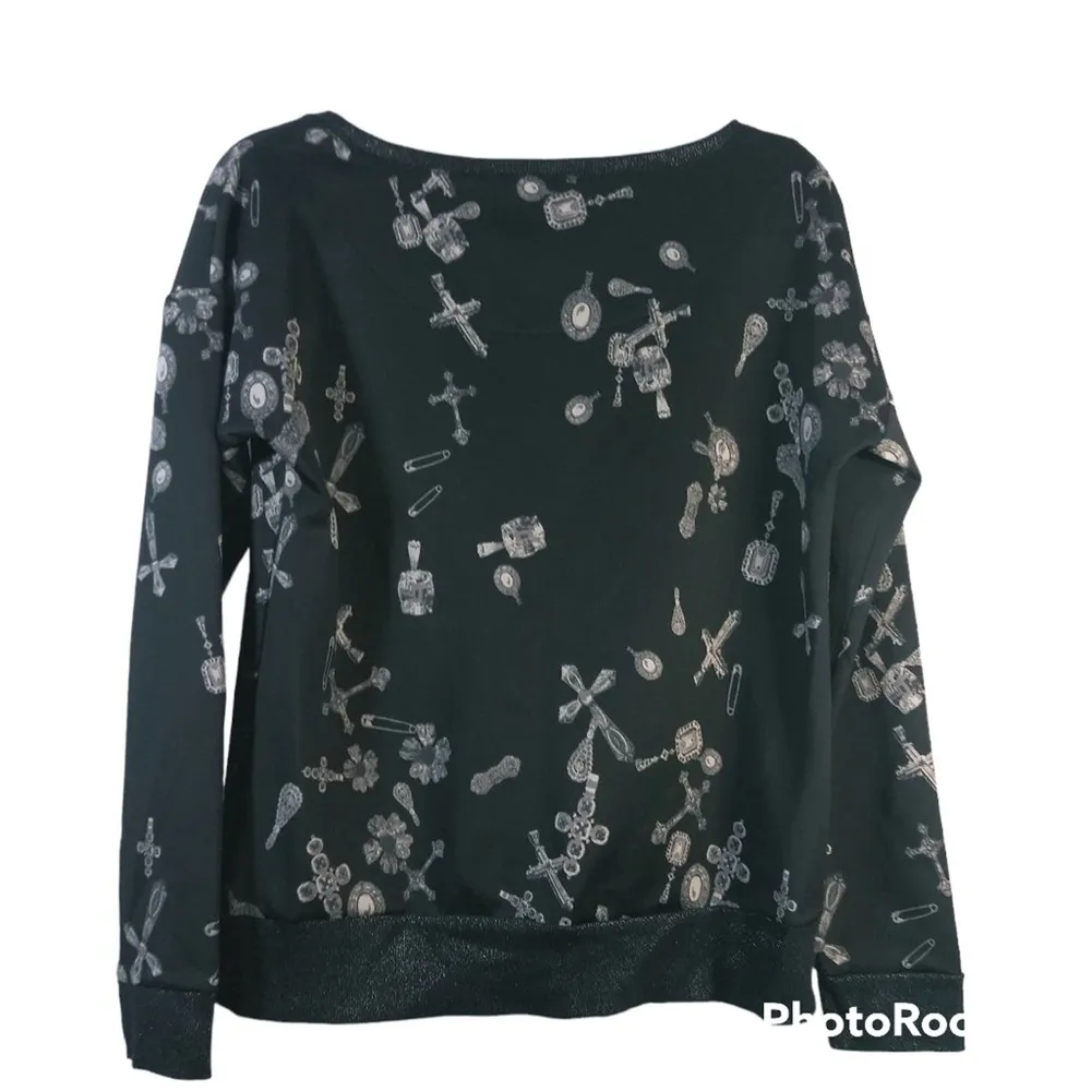 Rock & Republic Black Jewels and Crosses Patterned Gothic Grunge Sweatshirt M - Image 2