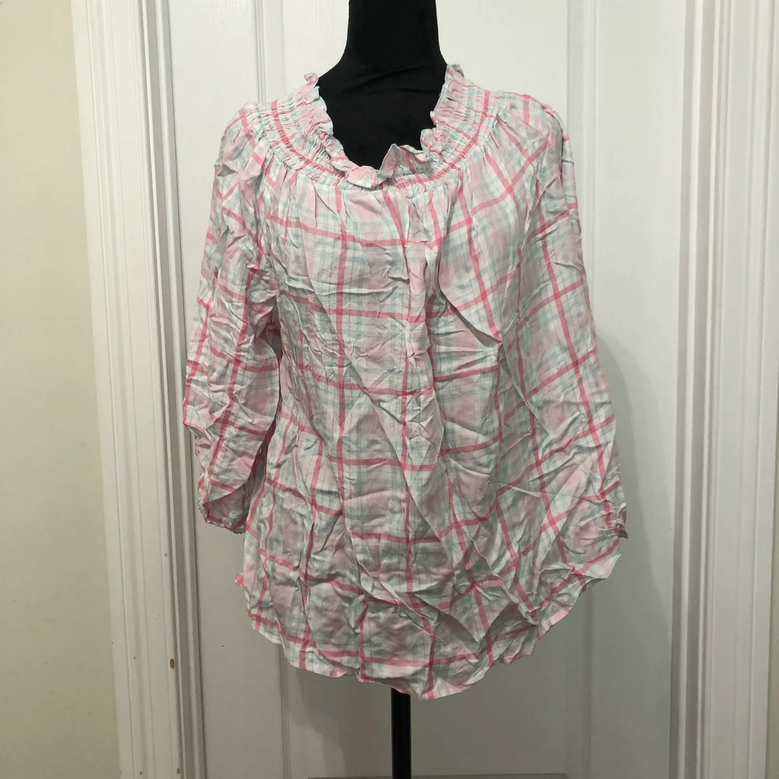 Tommy Hilfiger Womens Blouse Size 0X Pink White Check Rounded‎ Hem Pullover NWT - Image 5