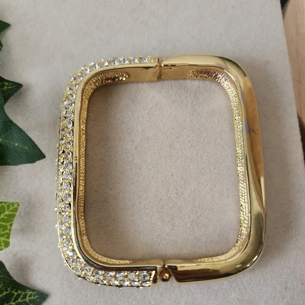 Lux Gold with CZ Crystals Rectangle Hinge Clamper Bracelet - Image 3