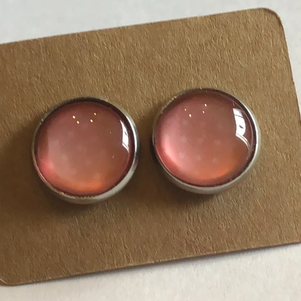 Elegant Silver Tone Pink Polka Dot Round Stud Earrings - Image 2