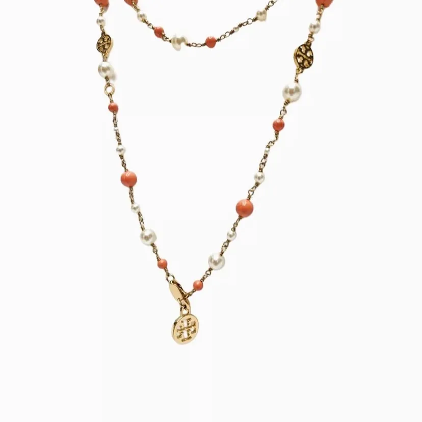 Tory Burch Faux Pearl & Resin Evie Logo good orange Convertible  Necklace $258 - Image 4