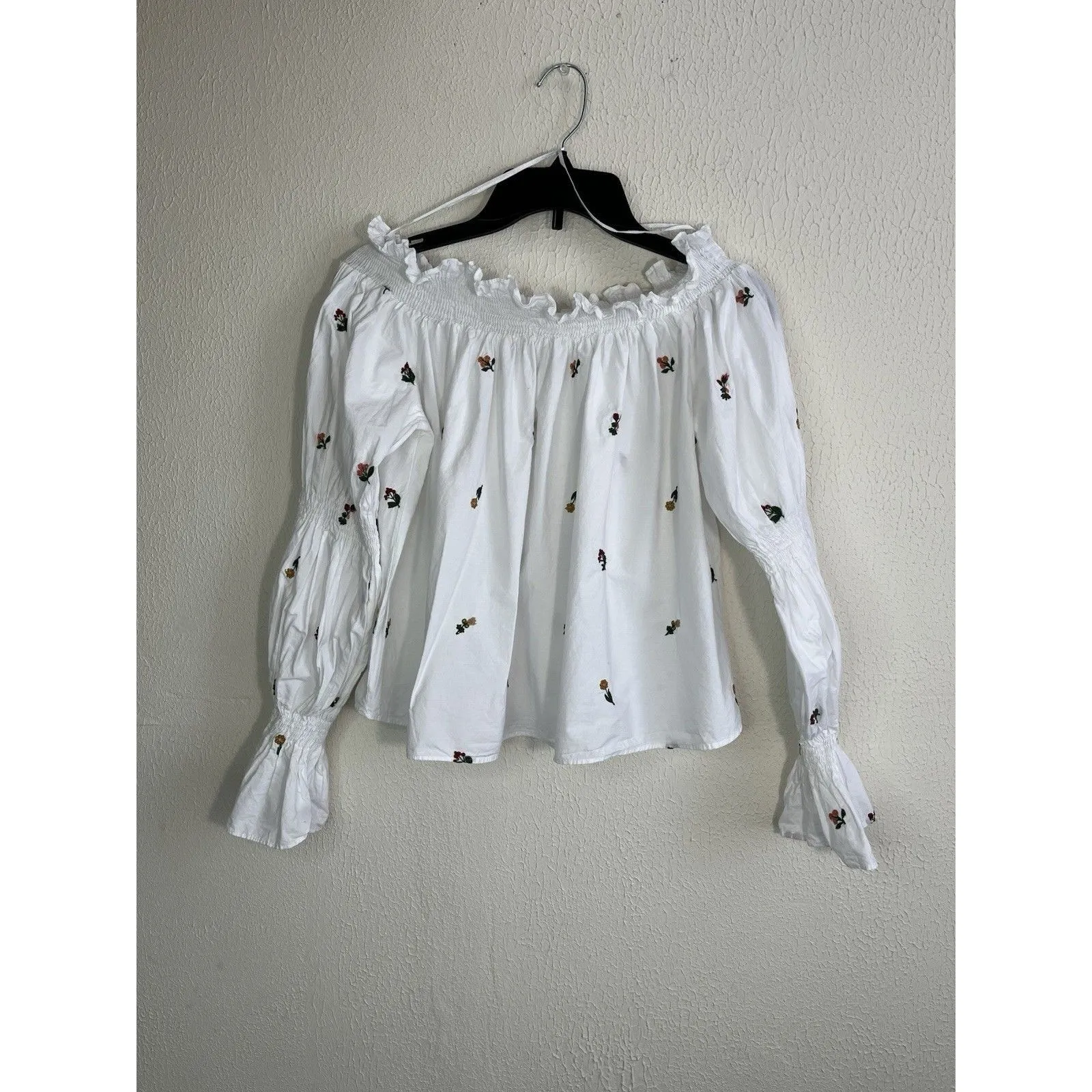 Zara Trafaluc M White Floral Blouse Floral Embroidered Top Off Shoulder Peasant - Image 2