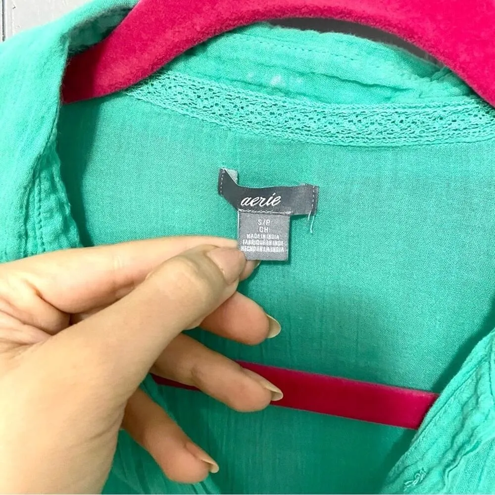 Aerie Seafoam Green Seersucker Roll-tab Sleeves Button-down Lightweight Shirt S - Image 3