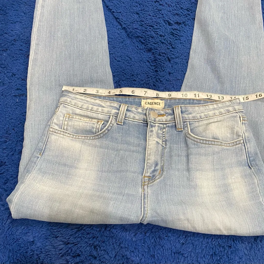 L'AGENCE Light Blue Mid Rise Raw Hem Distressed Ankle Jeans - Image 6