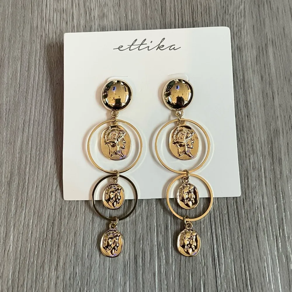 Ettika Gold Coins In Orbit Dangle Statement Earrings Roman Soldiers - Image 2