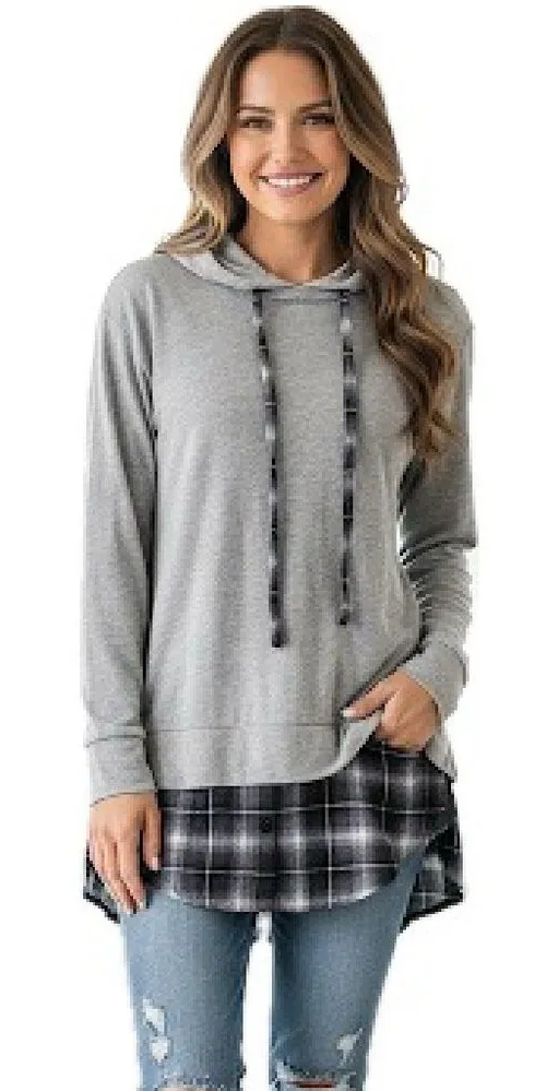 Crescent Gray Plaid Flannel Layered Hoodie Size Small - Image 1