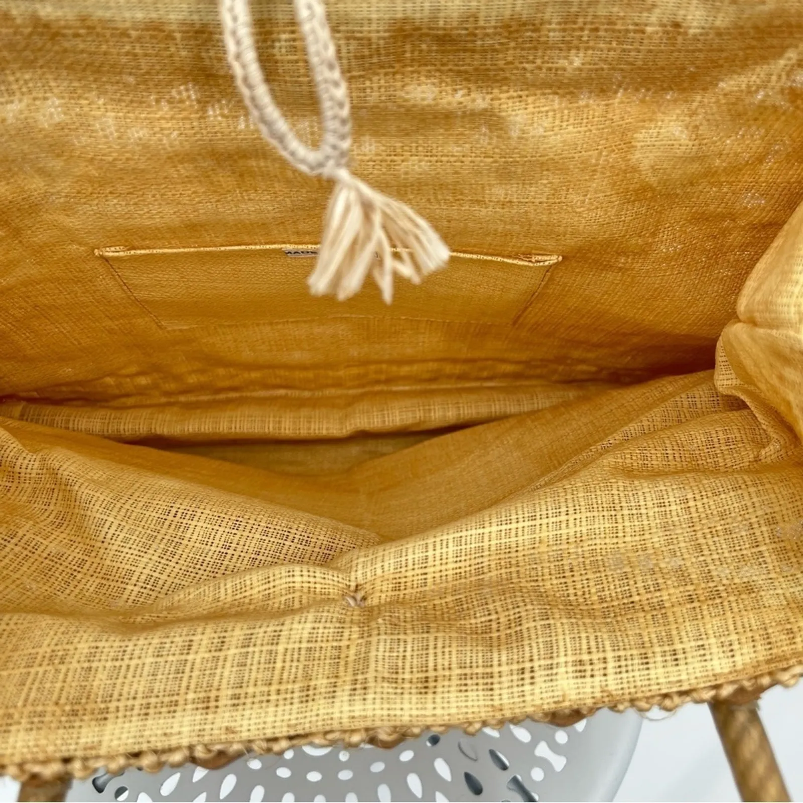 Jute handbag brown geometric open weave round handle carved wood Italy boho - Image 9