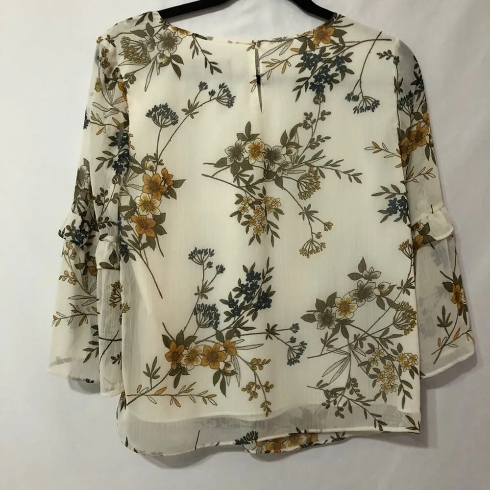 Banana Republic Cream Floral Bell Sleeve Blouse Women XS Tiered Romantic Cottage - Image 7