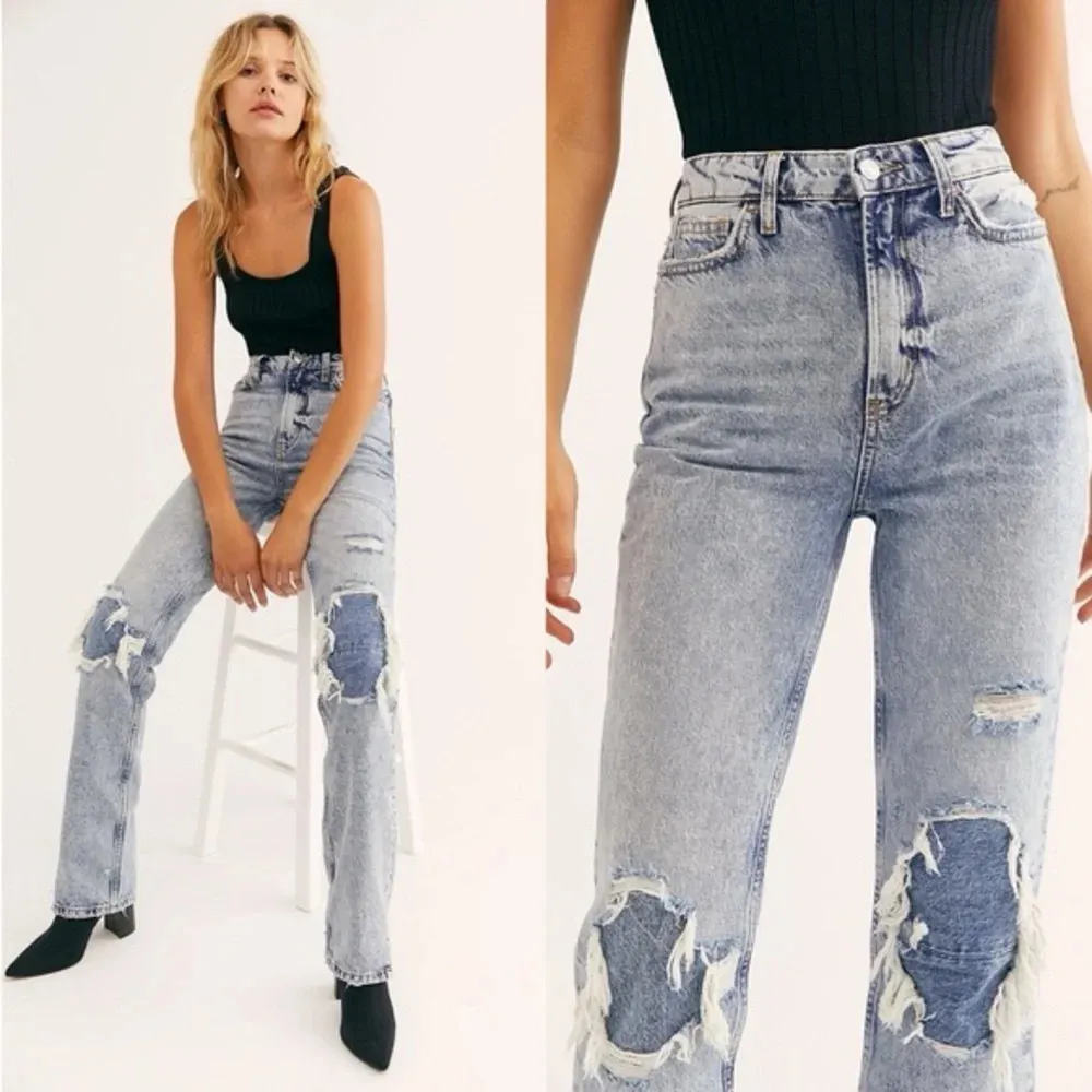 We The Free My Own Lane Distressed High Rise Acid Wash Jeans Straight Leg 26 - Image 3