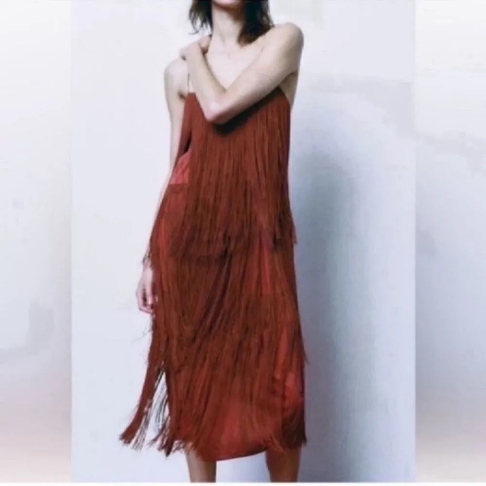 Zara Brown/Plum Sleeveless Fringe Midi
Dress (Size Small) - Image 2