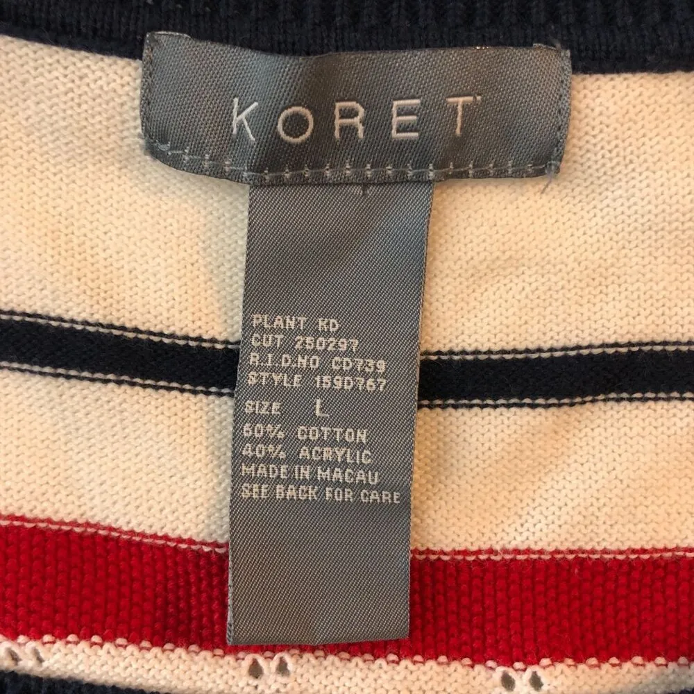 Koret Striped Short Sleeve Knit Cardigan Shoulderpads Sweater Red White Blue L Size L - Image 3