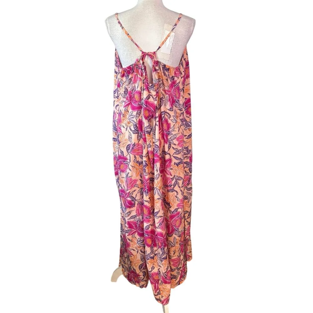 NEW Old Navy Plus Size 2X Peach Pink Floral Maxi Dress V Neck Strappy Tie - Image 2