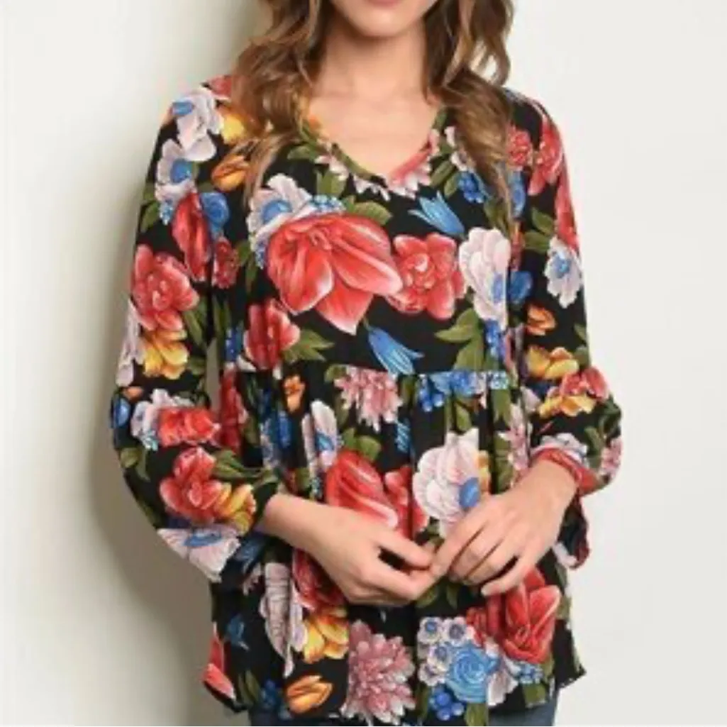 Cherish womens large floral long sleeve babydoll blouse tunic v neck & back ties - Image 14