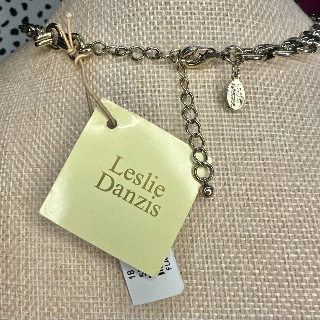 NWT Leslie Danzis Gold Tone Pink Floral Statement Necklace Large Chunky Sparkly - Image 4