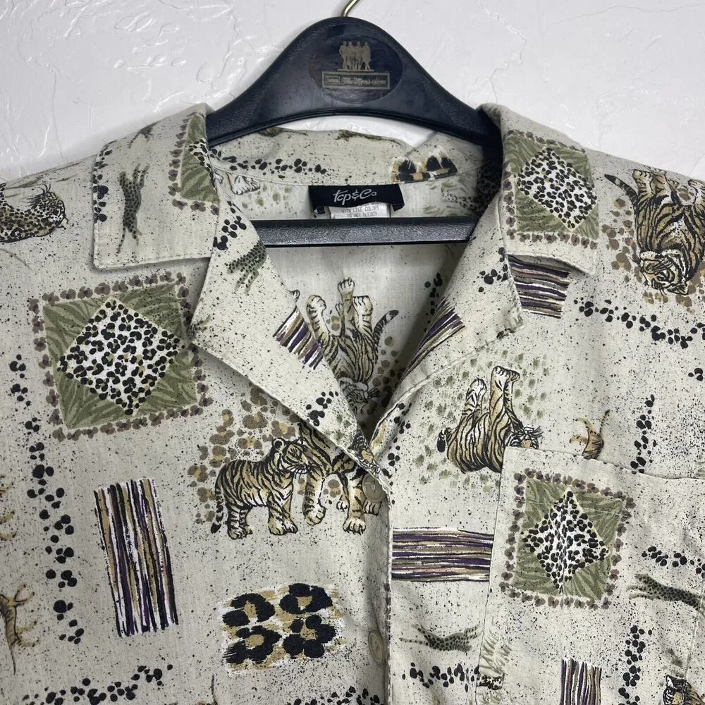 Vintage Safari 1x Plus Print Button Front Shirt Tiger Leopard Print Size Brown - Image 4