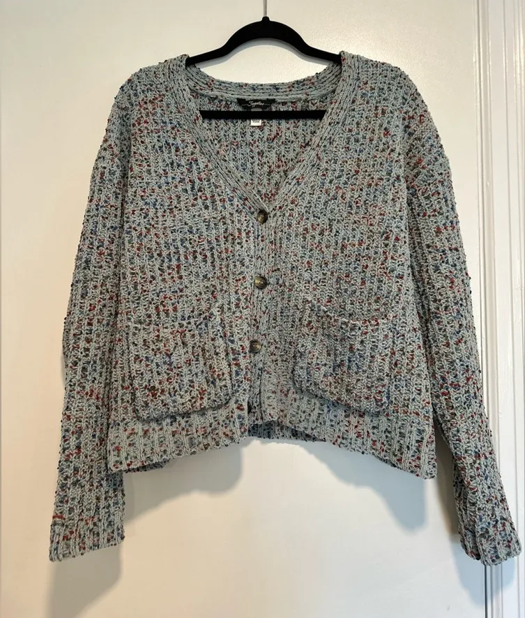 NWOT Women’s Sz:S Blue/ Gray Speckled Super Soft Button Cardigan. Double Pockets - Image 1