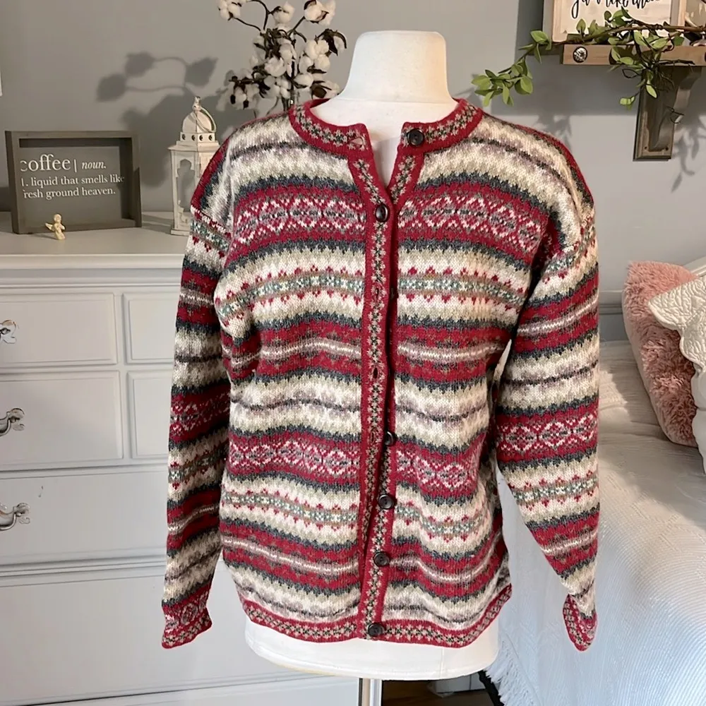 Vintage Crystal Kobe Shetland Wool Sweater Nordic Red Fair Isle Womens Small - Image 3