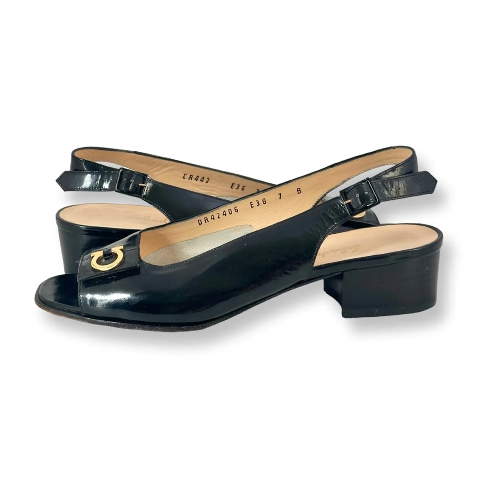 Salvatore Ferragamo Vintage Patent Leather Open Toe Mule Sling Back Sandals - Image 4