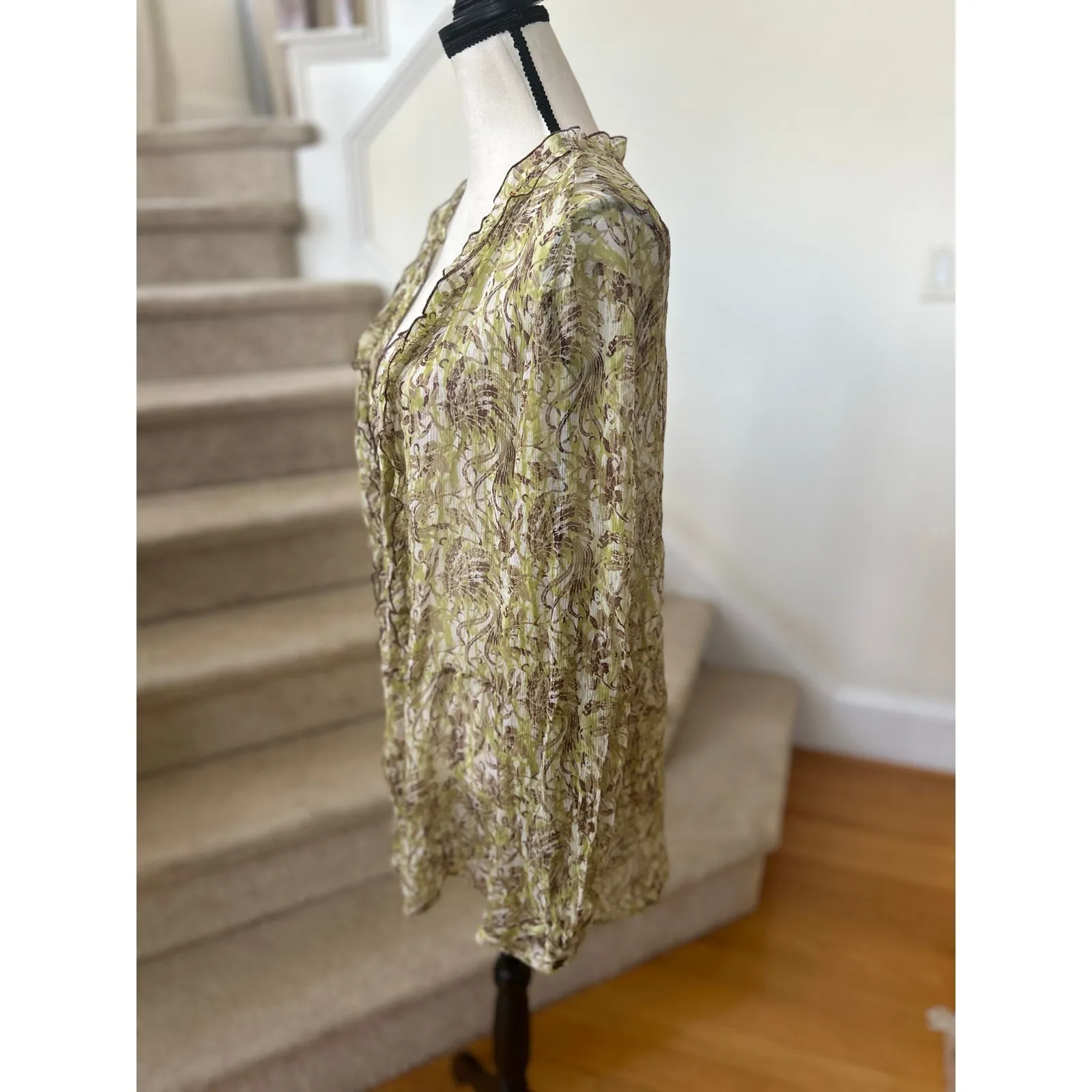 Vintage Y2K Bob Mackie Green White Brown SHEER Silk Boho Whimsigoth Fairy Blouse - Image 3