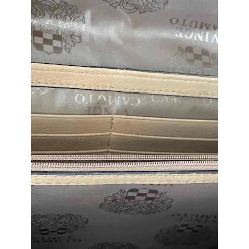 Vince Camuto Leather Envelope Shoulder Bag Clutch Tan Black Gold Chain - Image 9