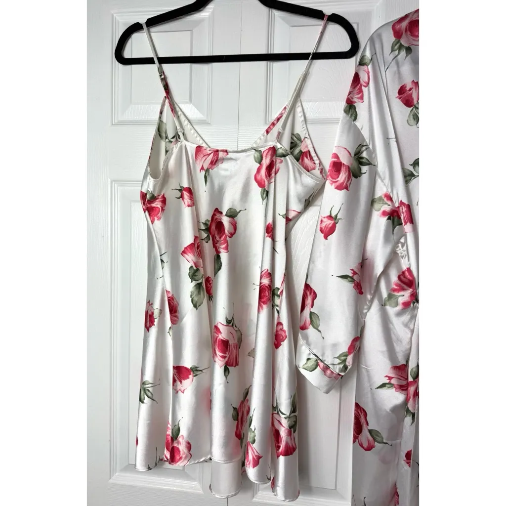 Cacique Paris Rose Floral White Satin Slip Dress & Kimono Robe Set M / M-L - Image 6