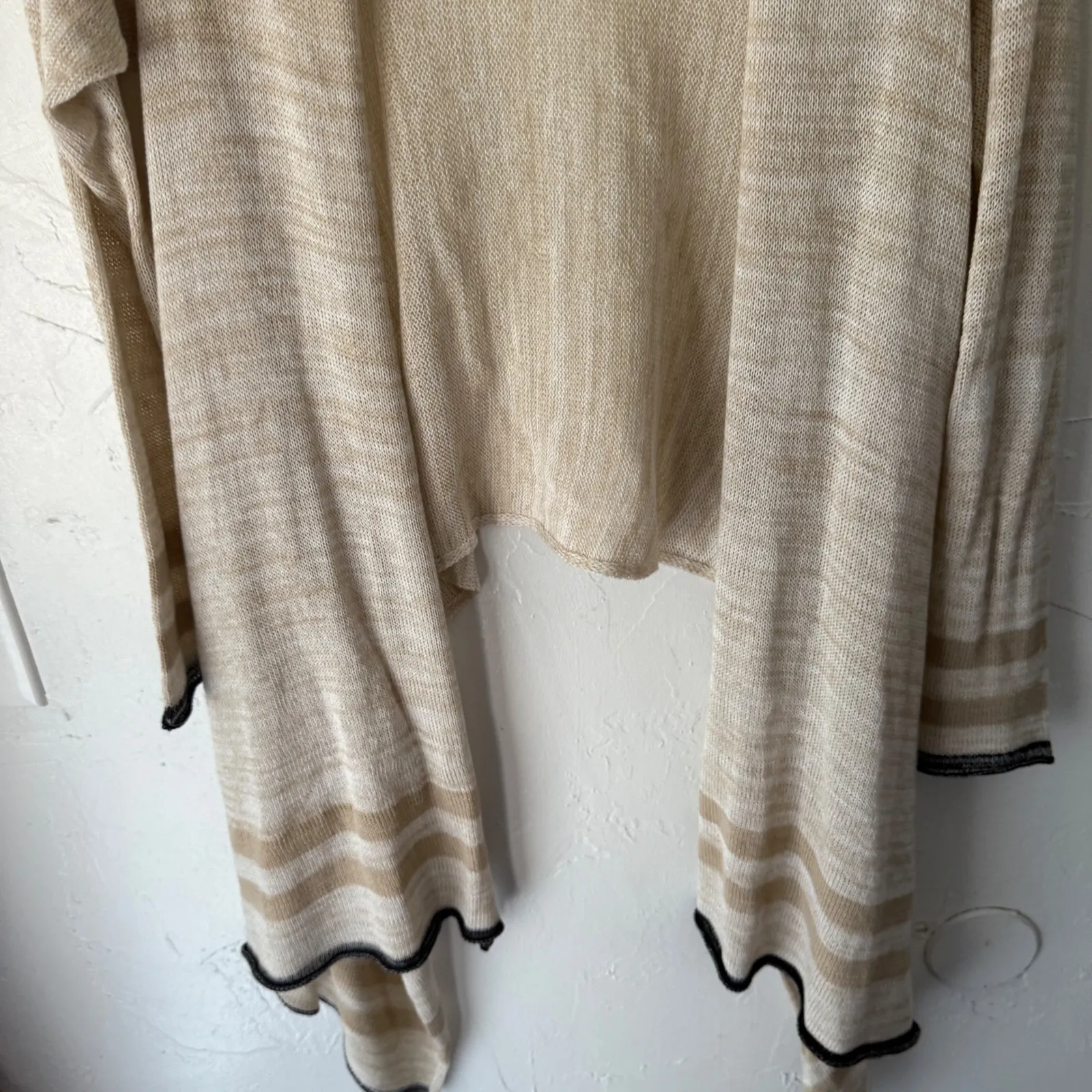 Wooden Ships Draped Open Front Cardigan Beige Striped Trim Long Sleeve Coastal M - Image 3