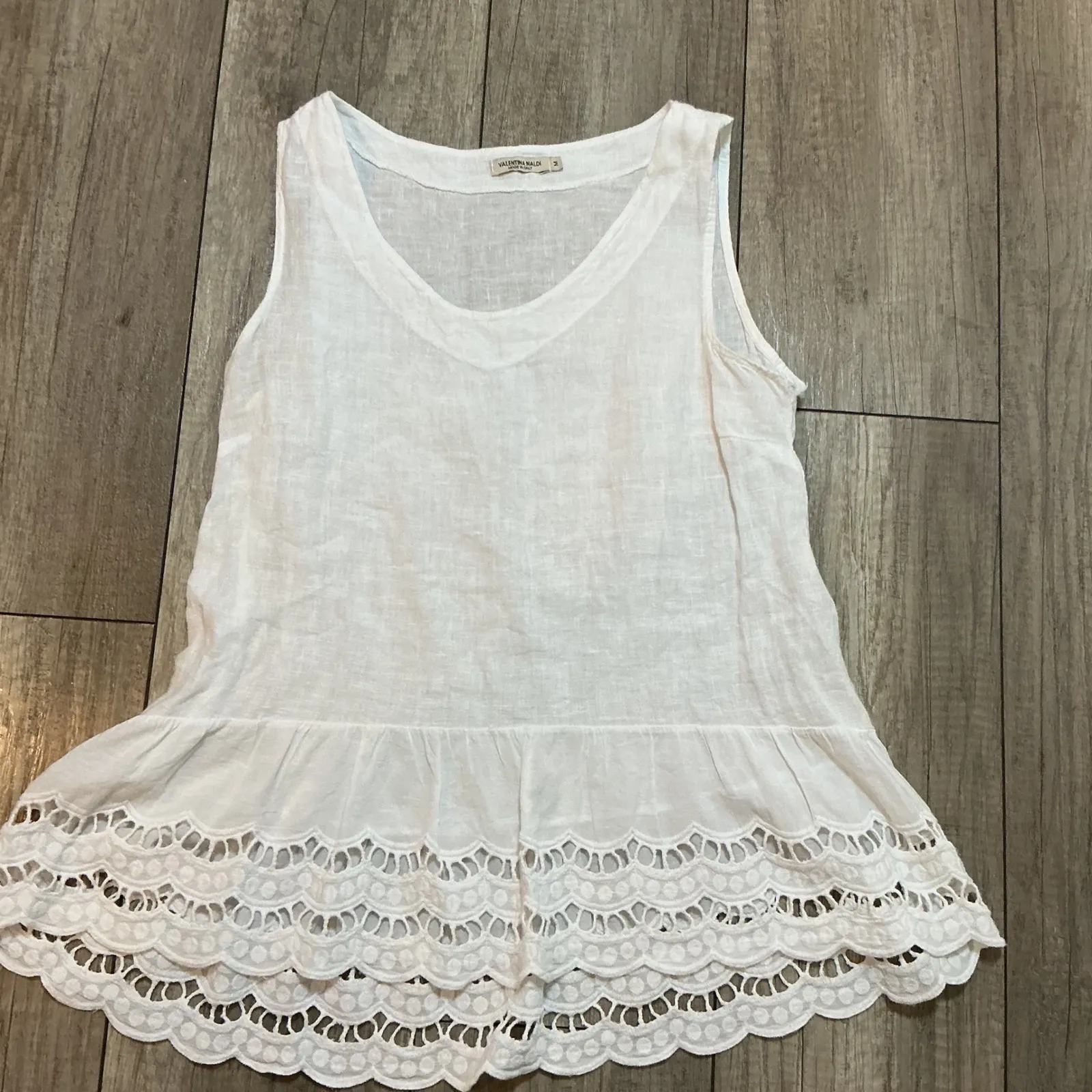 Valentina Naldi White Linen Top Made in‎ Italy Sleeveless Peplum Eyelet Medium - Image 2