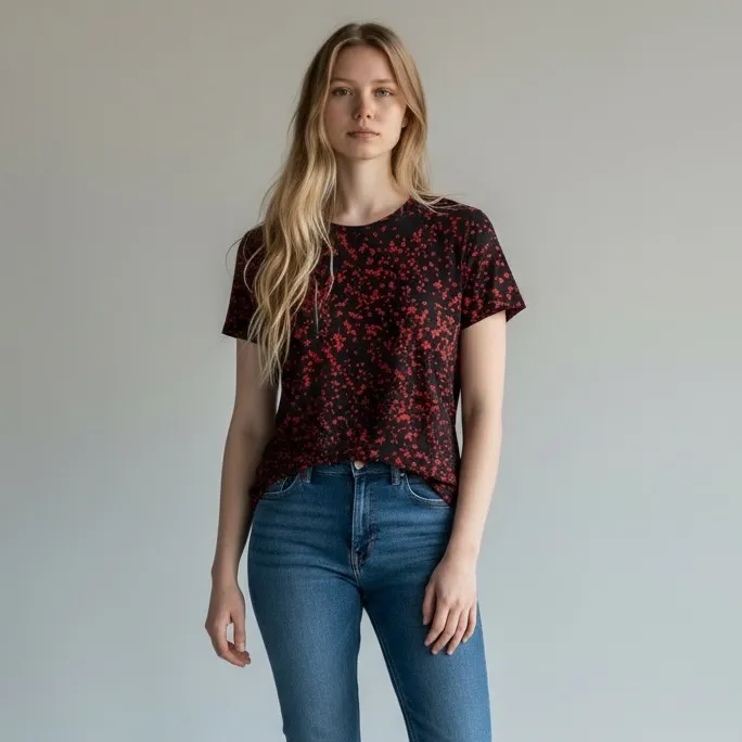 Liz Claiborne XS Red Black Floral Print Tee Scoop Hem Short Sleeve Top - Image 3