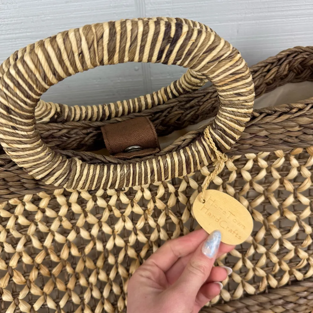 HomeTown HandCrafts Natural Woven Straw Basket Bag Round Handle Summer Vacation Tan - Image 5