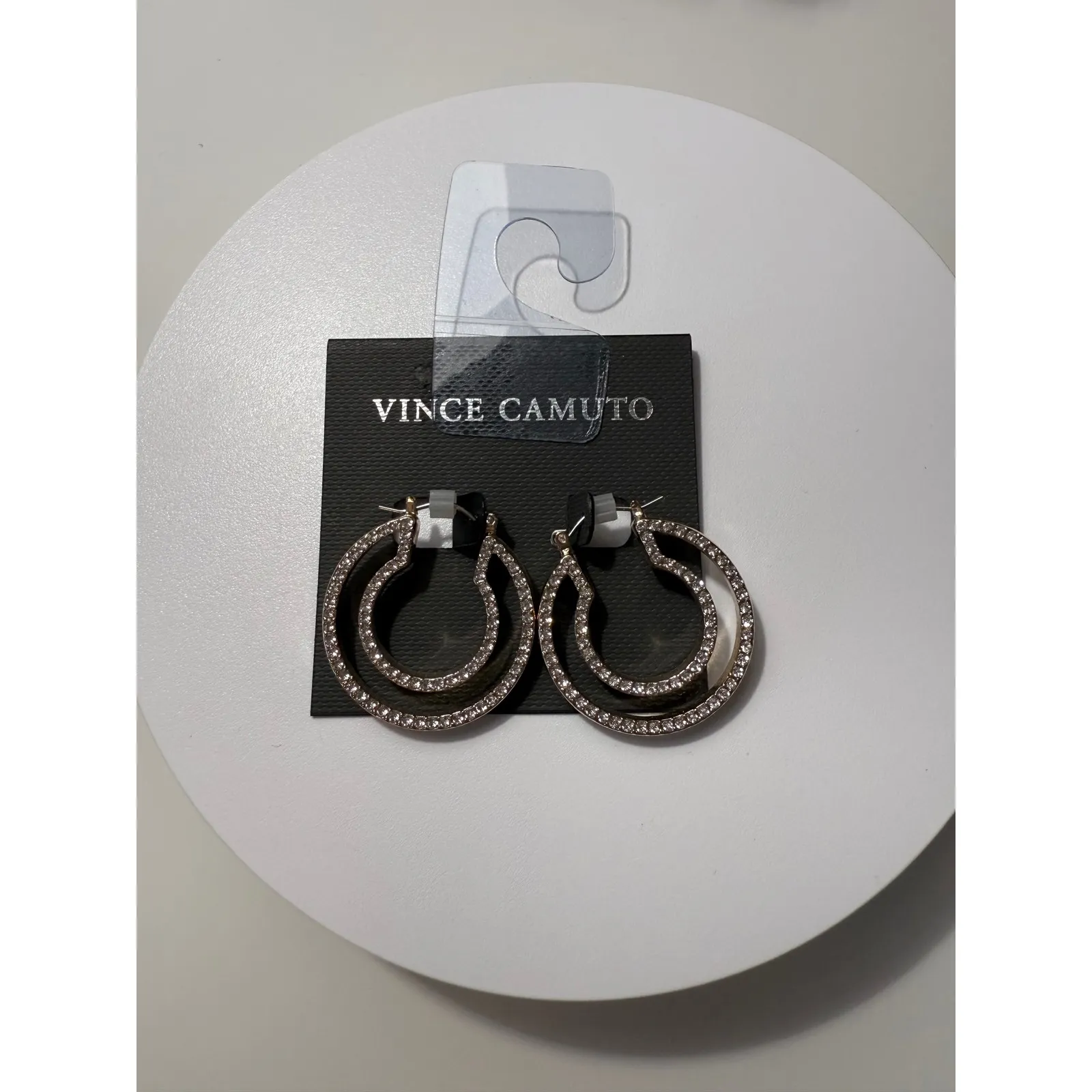 Vince Camuto Gold Tone Double Hoop Crystal‎ Accent Hoop Earrings - Image 3