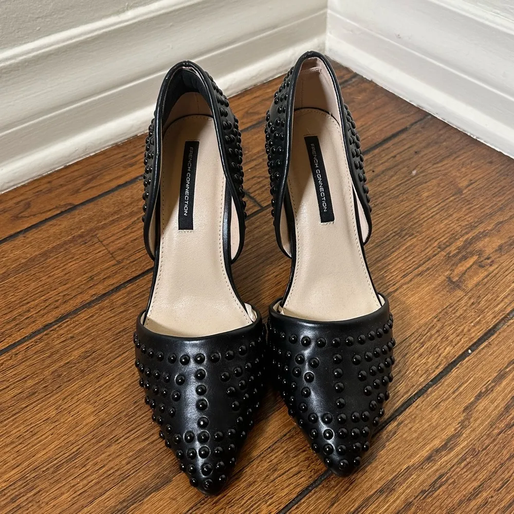French Connection Black Vegan Leather Studded Pumps Heels - Image 6