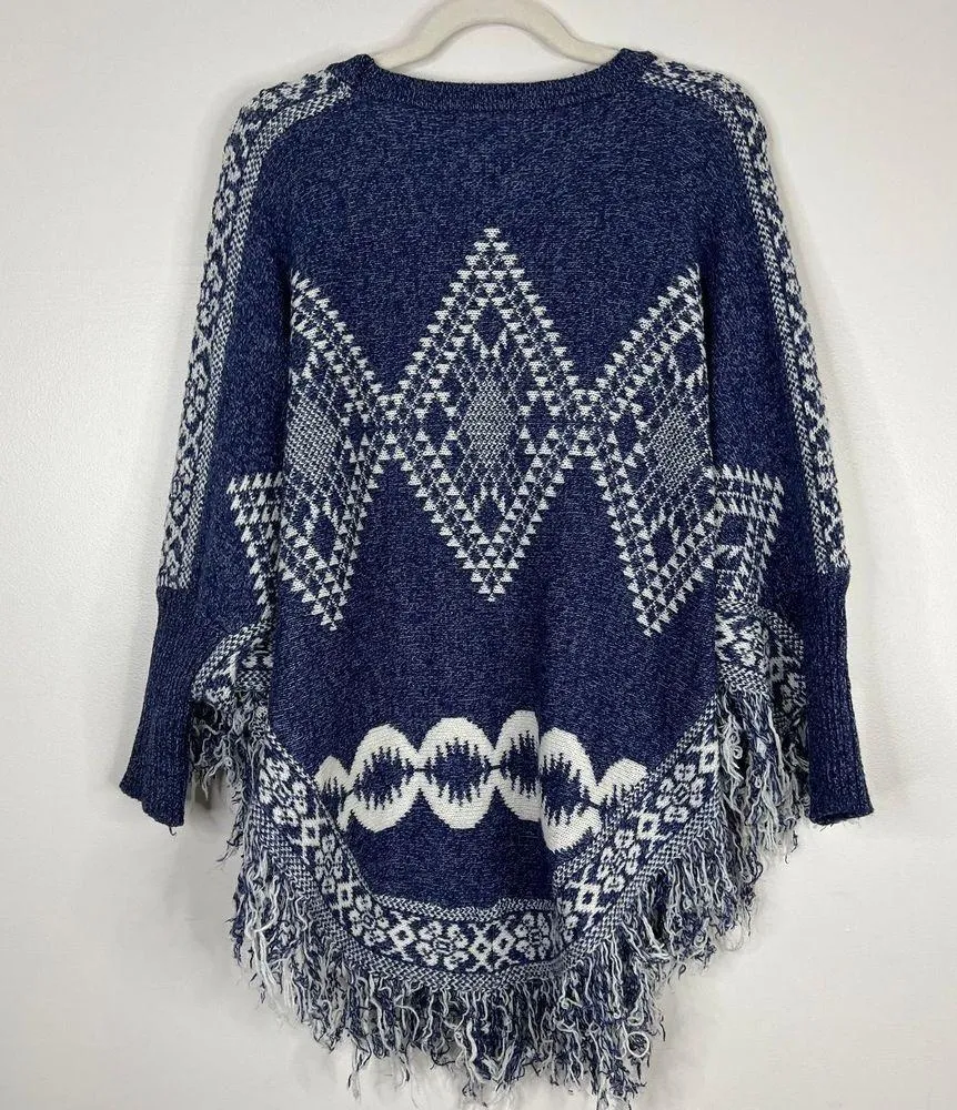 Aztec Blue & White Printed Fringe Trim Knit Poncho Size M - Image 5