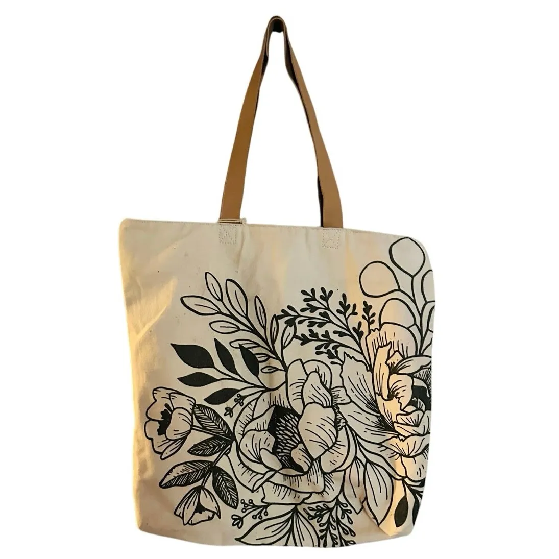 MINTED Canvas Cotton Floral Black White Design Snap Closure Leather Straps Tote - Image 1