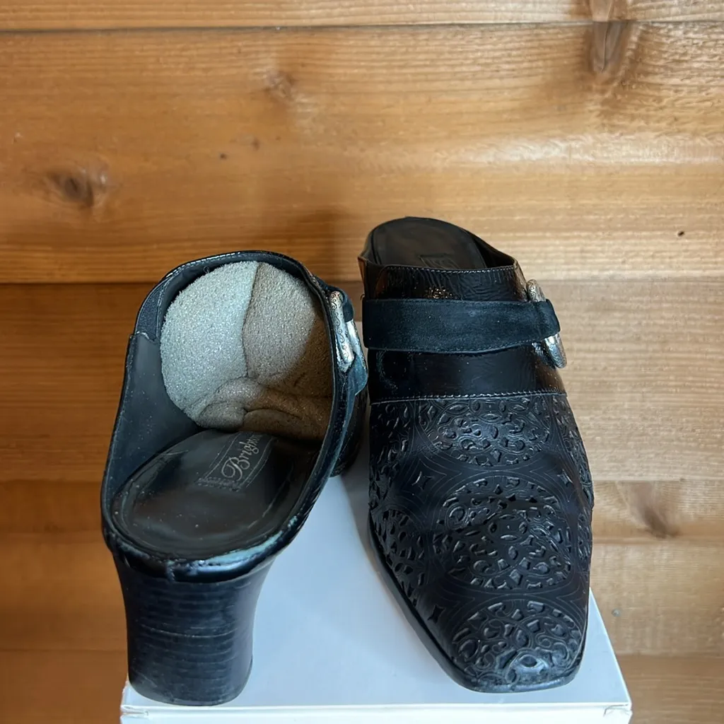 Brighton Talent Vintage Leather Black Buckle Pointed Toe Mule Clog Eyelet Cutout - Image 2