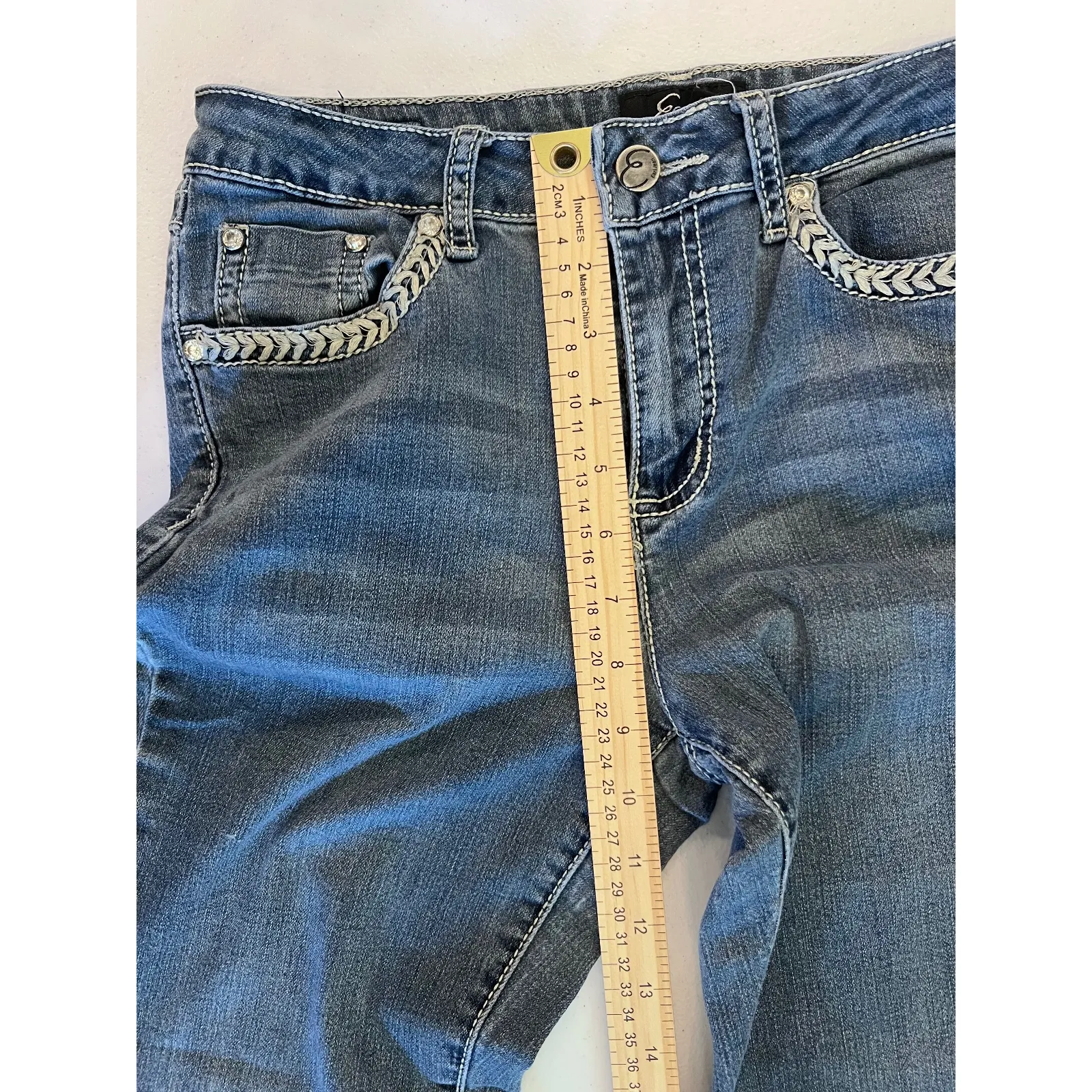 Earl Jean‎ Embellished Jeans Slim Boot Cut Rhinestone Pockets Denim Size 10 Blue - Image 7