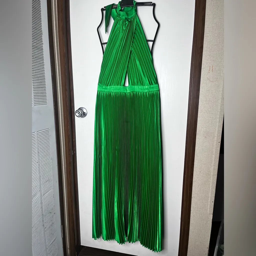 L’IDEE Bright Green Renaissance Mock Neck Pleated Satin Midi Dress Size 12 - Image 3