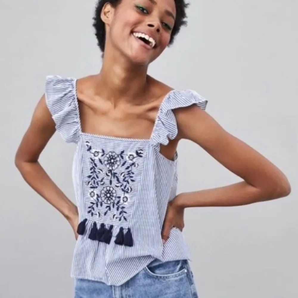 ZARA Blue White Stripe Embroidered Tassel Square Neck Ruffle Strap Tank Top M - Image 3
