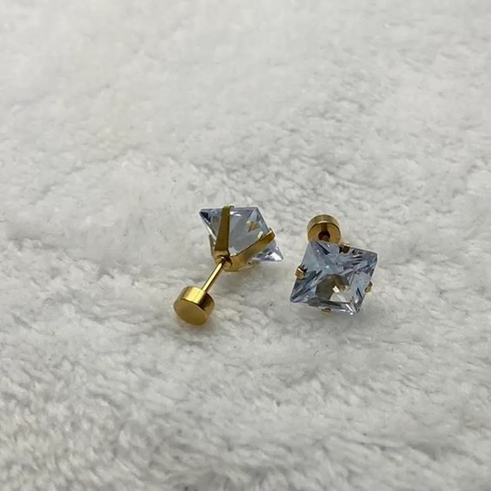 18k Gold plated Square White Crystal Zircon 8mm Stud Earrings - Image 5