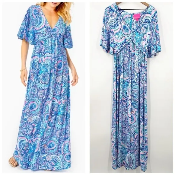 Lilly Pulitzer Minka Sleeved Maxi Blue Grotto Commotion In The Ocean - Image 2