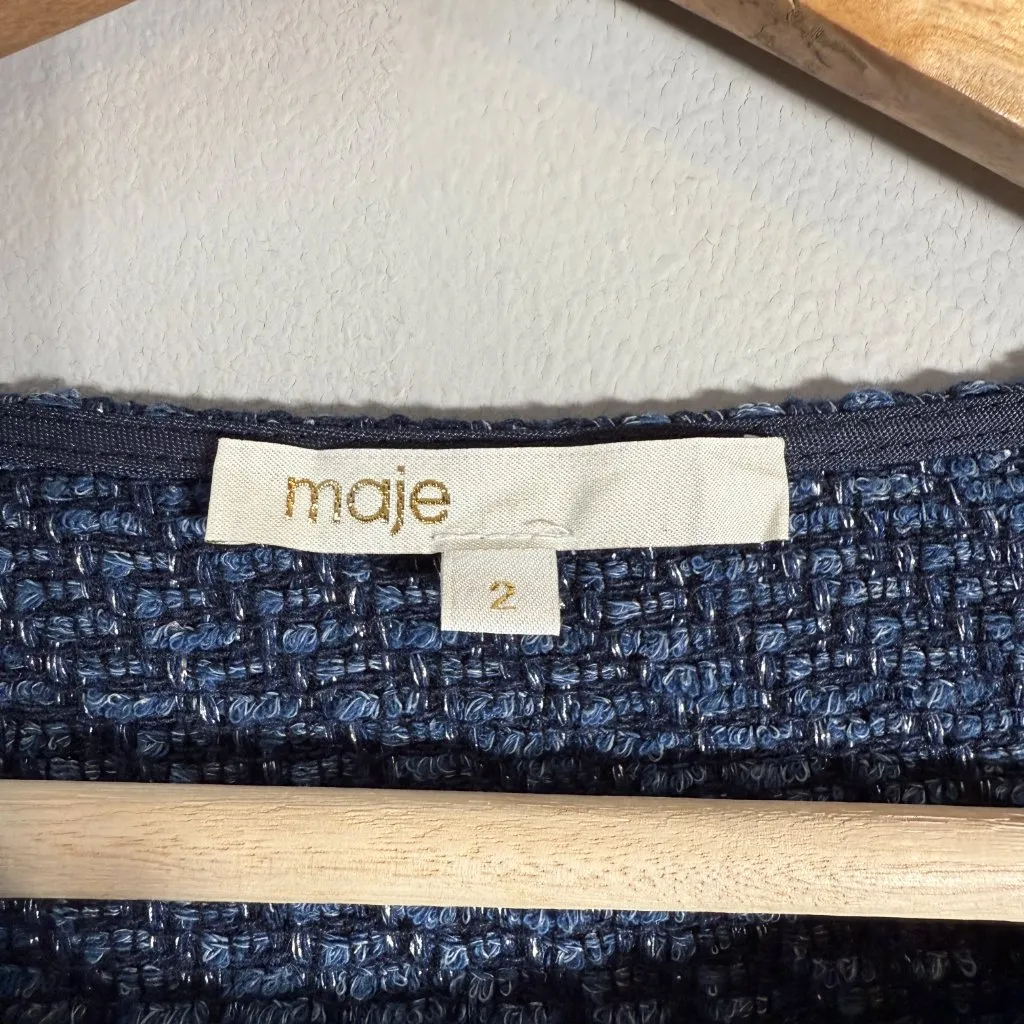 Maje Latino Fringed Sweater Pullover Womens 2 Medium Blue Tweed Coastal Designer - Image 6