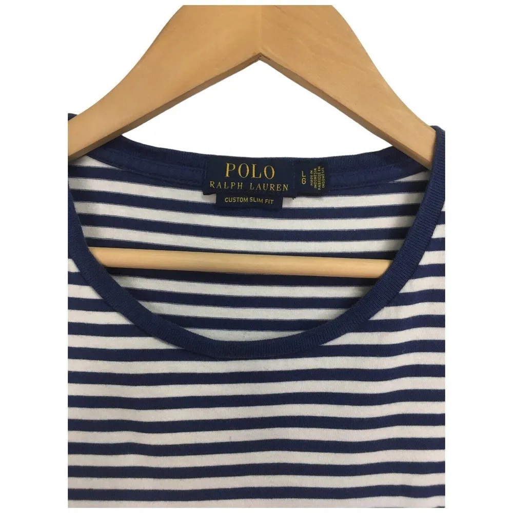 Polo Ralph Lauren Womens Large Custom Slim Fit Striped Round Neck Logo Blue - Image 2